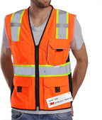 Dib Safety Vest Reflective Orange Mesh, High Visibility Vest with Pockets and Zipper, Heavy Duty Vest Made with 3M Reflective Tape 4XL