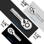 DISEN 3-Piece Stubby Ratchet Set – 1/4", 3/8", 1/2" Drive | 100-Tooth Ratchet with EVA Storage Tray | Quick Release Button | Non-Slip Grip | Reversible 3.6° Design for Tight Spaces, Chrome Finish