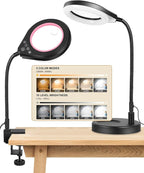 Flexible Gooseneck 2-in-1 Magnifying Glass with Light and Stand,10x & 5x Real Glass Lens Magnifying Lamp, 5 Color Stepless Hands-Free LED Desk Lamp with Clamp for Painting, Crafts, Reading (Pink)