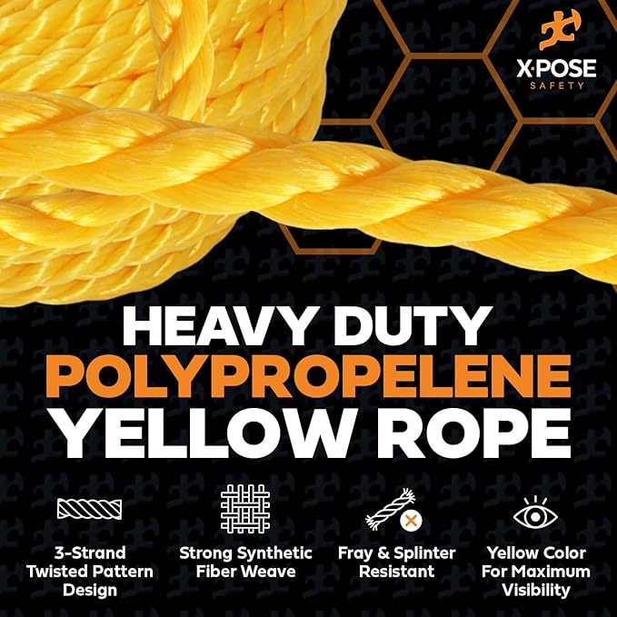 Yellow Twisted Polypropylene Rope, 1/4" Thickness x 1200' Length Heavy Duty Poly Ropes for Outdoor and Marine Use, Yellow Rope for Visibility & Safety