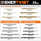 ENERTWIST Multi-Purpose Drill Bit Set,16 Pcs 5/64in to 3/8in. Titanium, Masonry, and Brad Point Bits - Ultimate Versatility for Metal, Wood, Plastic, Concrete Drilling