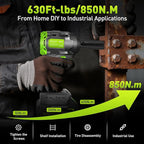 Brushless Cordless Impact Wrench, 850Nm (630Ft-lbs) High Torque, 1/2 Inch Impact Gun with 20V 4Ah Battery, 3-Speed, 4 Cr-V Sockets (17/19/21/22mm) for Car Tire, Mower Lug Nut