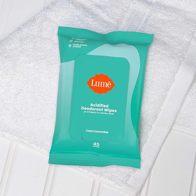 Lume Acidified Deodorant Wipes - 24 Hour Odor Control - Aluminum Free, Baking Soda Free, Skin Loving - 45 Count (Pack of 3) (Cool Cucumber)