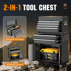 Crownland 8-Drawer Rolling Tool Chest with Wheels, Lockable 2 in 1 Detachable Tool Cabinet wit Drawers and Black Liners, Garage Top Toolbox & Bottom Storage Cart with Side Hooks(Black)