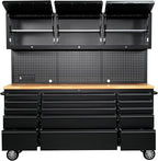 CT Copper Tailor 72-inch Rolling Tool Chest with Integrated Power Strip,15 Drawers and Wheels, Garage Workbench with Storage, 3 Upper Cabinets, Pegboard in Matte Black