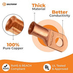 SELTERM 2pcs 1/0 AWG 3/8" Stud (Wide Pad) Copper Wire Lugs, Battery Lugs, Ring Terminals, Battery Cable Ends, 0 Gauge Ring Terminal Connectors, UL Heavy Duty Bare Copper Eyelets Battery Cable Lugs