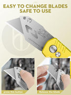 Utility Knife, BIBURY Upgraded Version Heavy Duty Box Cutter, Pocket Carpet knife with 10 Replaceable SK5 Stainless Steel Blades, Belt Clip, Easy Release Button, Quick Change and Safety Lock-Yellow
