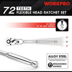 WORKPRO 2-Piece Flex Head Ratchet Set, 1/4", 3/8" Drive, 72-Tooth Ratchet with Chromium Plating Quick Release Reversible Design, 5 Degree Swing