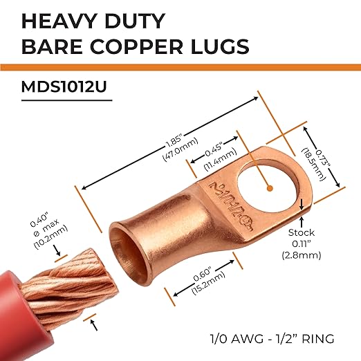 SELTERM 25pcs 1/0 AWG 1/2" Stud Battery Lugs, Ring Terminals, Heavy Duty Copper Wire Lugs, Battery Cable Ends, 0 Gauge Ring Terminal Connectors, UL Bare Copper Eyelets Electrical Battery Cable Lugs