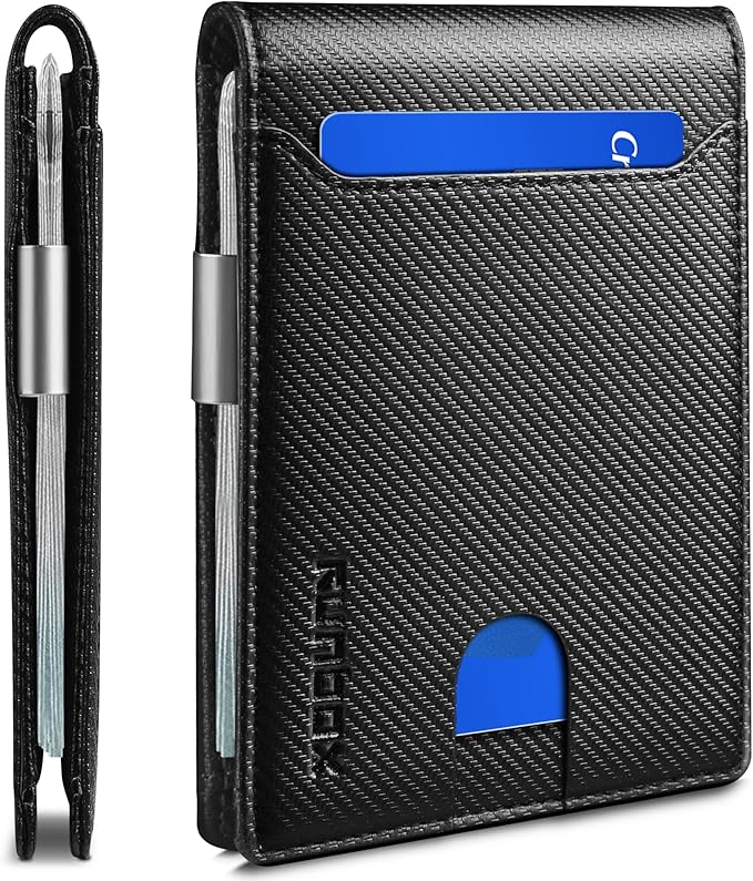 RUNBOX Slim Wallets for Men - Leather Money Clip Mens Wallet - RFID Blocking Front Pocket Bifold Wallet - Thin Credit Card Holder with Gift Box
