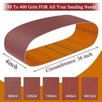 33PCS 4 x 36 Inch Alumina Sanding Belts (80/120/150/240/400 Grits) with 6 Grits 6-Inch Self Stick No Hole Sanding Disc for Aluminum Oxide Sanders, Sandpaper for Wood Metal Stainless Steel