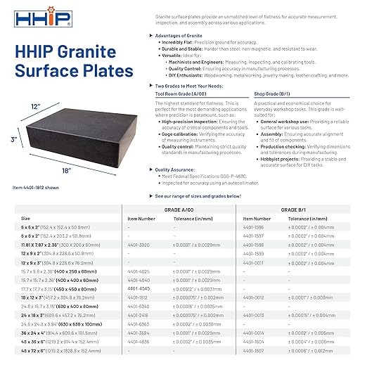 HHIP 4401-1597 6" X 8" X 2" Granite Surface Plate, Grade B, 0 Ledge
