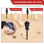Countersink Drill Bits, 15 PCS Adjustable Tapered HSS Drill Bit Set for Woodworking, with Nitrided Surface, Wood Plug Cutters 1/4" Hex Shank Quick Change, for Wood Drilling with Storage Box