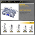 Rivet Nut Assortment Kit, 270 PCS Recessed Rivet Nuts, Rivet Nut Sorting Tool, (M8 M6 M5 M4 M3) for Automotive, Home Decor and Industrial Products