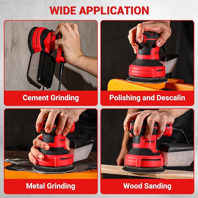 Orbital Sander Corded Hand Sander: DEKOPRO 5" Random Orbital Sander with Dust Box, 6 Various Speeds Electric Palm Sander with Dust Box, 16Pcs Sandpapers for Woodworking & Sanding (Red)
