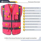 JKSafety 9 Pockets Class 2 High Visibility Zipper Front Safety Vest With Reflective Strips, Meets ANSI/ISEA Standards (X-Large, 150-Pink)