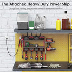 CCCEI Modular Power Tool Organizer Wall Mount Charging Station, Red 6 Drills Holder with 8 Plug Power Strip 10FT, Garage Drill Battery Heavy Duty Metal Shelf, Utility Rack with Hooks, Side Storage.