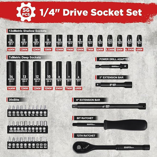1/4" Ratchet Wrench Socket Set 56 PCS, Metric Shallow Socket (4-14mm) and Deep (6-8, 10-14mm), with Mini 72-Teeth Ratchet, Screwdriver Bit Set, Small Tool Kit for Home Use, Motorcycle and Bike