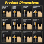 12 Pieces Tungsten Carbide Router Bit Set 1/4 Inch Shank for Beginners Woodwork Tools, Including Dovetail, Chamfer, Straight,Over Round, 90 V Grooving, Raised Panel Router Bit