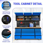 CT Copper Tailor 72-inch Rolling Tool Chest with Integrated Power Strip,15 Drawers and Wheels, Garage Workbench with Storage, 3 Upper Cabinets, Pegboard in Blue
