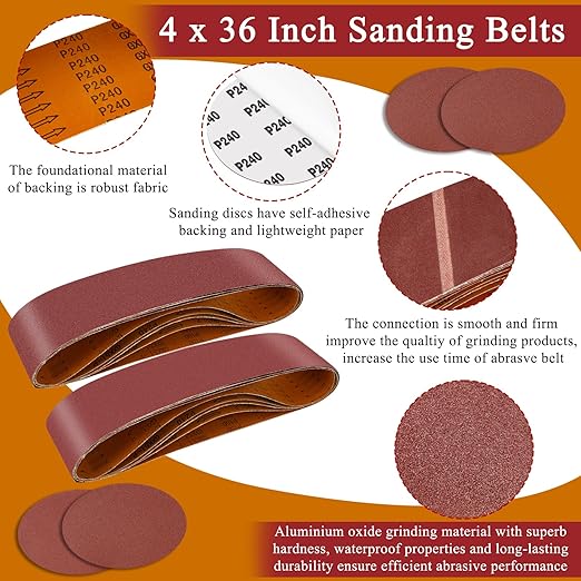 55PCS 4 x 36 Inch Alumina Sanding Belts (80/120/150/240/400 Grits) with 6 Grits 6-Inch Self Stick No Hole Sanding Disc for Aluminum Oxide Sanders, Sandpaper for Wood Metal Stainless Steel