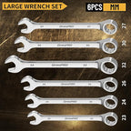 Metric Wrench Set, Large Wrench Set Metric and Standard, 7PC 23mm, 24mm, 26mm, 27mm, 30mm, 32mm Long Big Open End Wrench Tool Set Roll Up Pouch Organizer with Gauge, Combination Wrenches Sets