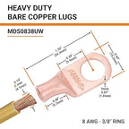 SELTERM 2pcs 8 AWG 3/8" Stud Copper Wire Lugs, Battery Cable Ends, Ring Terminals, 8 Gauge Terminal Connectors, UL Heavy Duty Bare Copper Eyelets