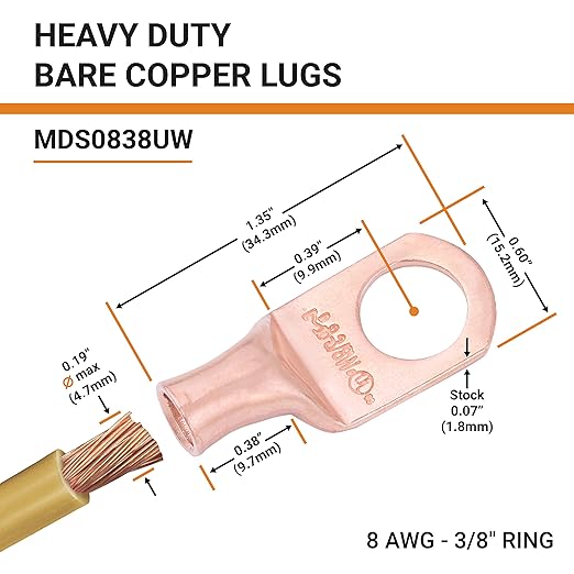 SELTERM 2pcs 8 AWG 3/8" Stud Copper Wire Lugs, Battery Cable Ends, Ring Terminals, 8 Gauge Terminal Connectors, UL Heavy Duty Bare Copper Eyelets