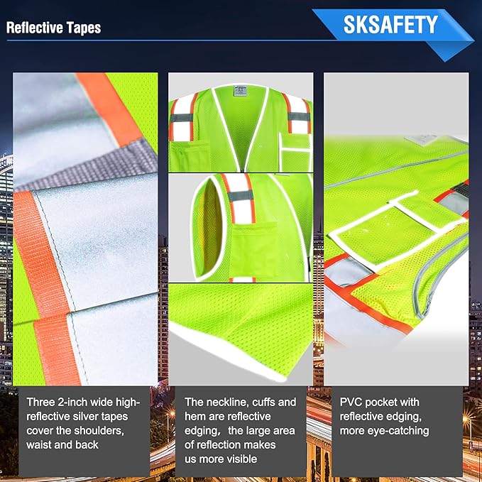 SKSAFETY 10 Pockets Safety Vest, Class 2 High Visibility Security with Zipper Double-sided mesh, Hi Vis Vest with Reflective Strips, ANSI/ISEA Standard, Construction Work Vest （Lime, 4XL）