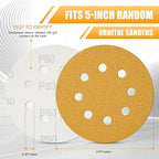 Maxdot 200 Pcs 5 Inch Sanding Discs 8-Hole Hook and Loop Gold Sandpaper, 80-Grit for Random Orbit Sander