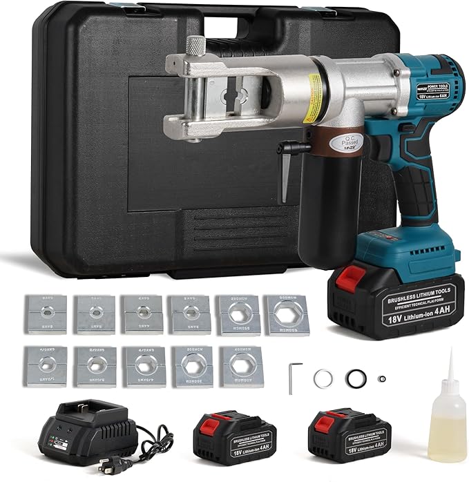 Electric Hydraulic Cable Lug Crimping Tool 8 AWG to 500 MCM Rechargeable Hydraulic Electrical Terminal Cable Lug Wire Crimping Crimper Tool Kits with 11 Dies