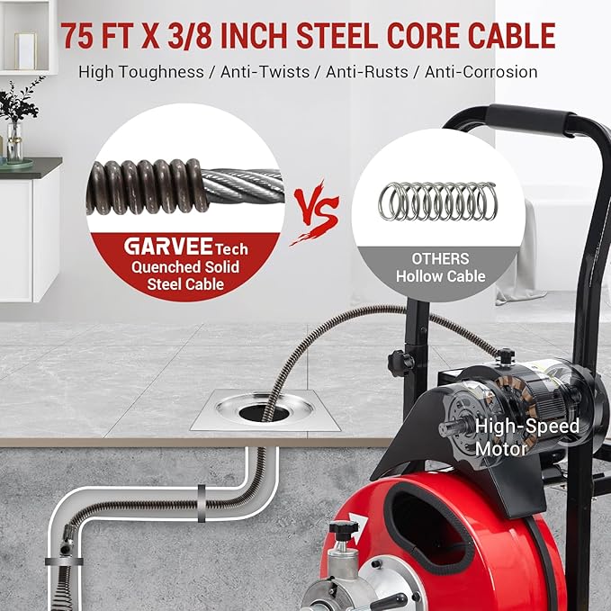 Auto Feed 75 FT x 3/8 Inch Drain Cleaner Machine with 200W Motor, Portable Sewer Snake Auger with 8 Cutters & Air-activated Foot Switch, Fits 1" to 4" Pipes, Black & Red