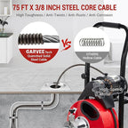 Auto Feed 75 FT x 3/8 Inch Drain Cleaner Machine with 200W Motor, Portable Sewer Snake Auger with 8 Cutters & Air-activated Foot Switch, Fits 1" to 4" Pipes, Black & Red