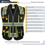 JKSafety 10 Pockets Hi-Vis Zipper Front Black Safety Vest | Cushioned Collar | High Reflective Tapes with Extended Neon Yellow Strips | Meets ANSI/ISEA Standards (X-Large, 89-Black)