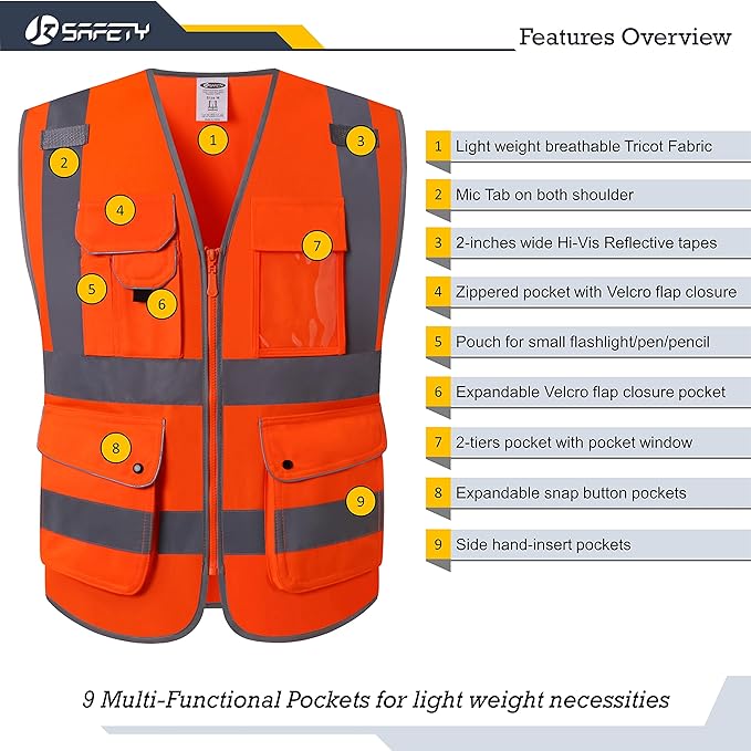 JKSafety 9 Pockets Class 2 High Visibility Zipper Front Safety Vest With Reflective Strips, Meets ANSI/ISEA Standards (150-Orange, 4XL)