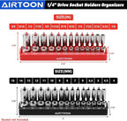 AIRTOON 1/4-Inch & 3/8-Inch Drive Socket Organizer Trays, 4-Piece SAE and Metric Socket Tray Set, Deep and Standard Socket Holders Organizers for Toolbox, Black & Red