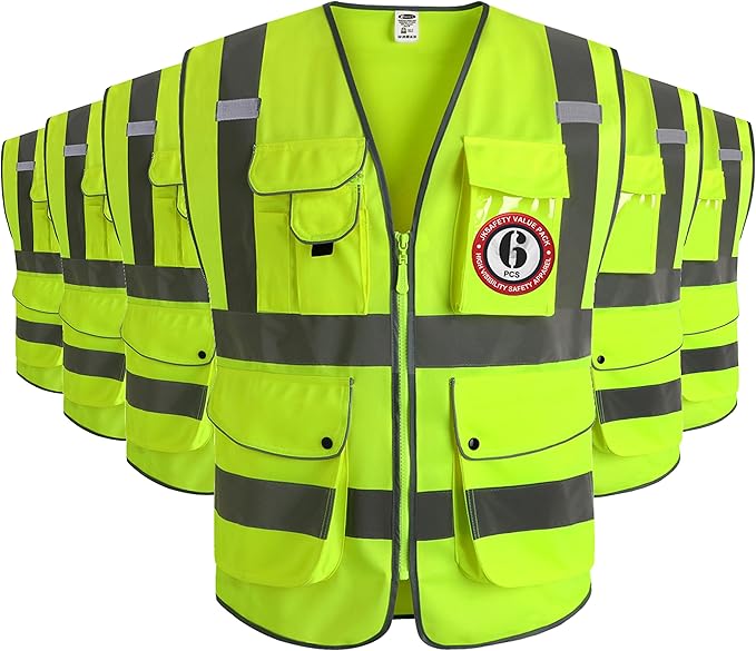JKSafety 9 Pockets Class 2 High Visibility Zipper Front 6 Pack Safety Vest With Reflective Strips,Meets ANSI/ISEA Standard (155 Yellow XL)