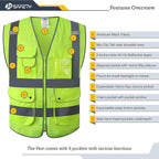 JKSafety 9 Pockets High Visibility Safety Vest for Men and Women, Hi-Vis Reflective Yellow Safety Vests with Zipper Front, Meet ANSI/ISEA Class 2 Type R(159-Yellow 5XL)