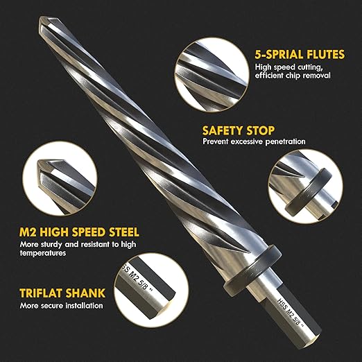 5/8" Bridge Construction Reamer, M2 HSS Taper Chucking Reamer Drill Bit with 5-Spiral Flutes Design for Steel, Alloy, Aluminum, Wood and Plastic