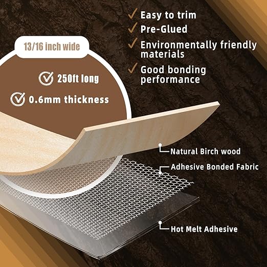 GSCIT Club Birch Edge Banding, 13/16 inch x 250ft roll of Veneer Edge Banding - Pre-glued Flexible, Real Wood Tape for Cabinet Repair & Furniture Restoration