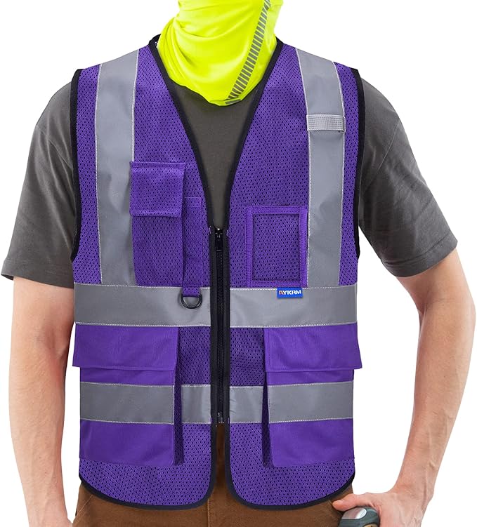 A-SAFETY High Visibility Mesh Safety Reflective Vest with Pockets and Zipper,Hi Viz Work Vest for Men Women (Purple Mesh XXL)
