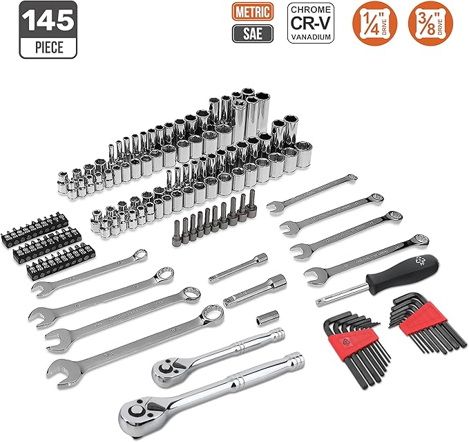 Amazon Basics Mechanic's Socket Tool Set With Case, Metric Sizes, 145-Piece