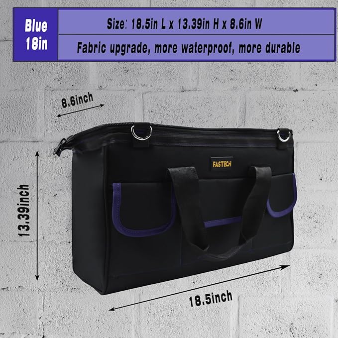 18 Inch Tool Bag, Waterproof Wide Mouth Tool Kit, Heavy Duty Tool Bag Organizer With Shoulder Straps, Tool Storage Package For Men/Women (18IN DarkBlue)