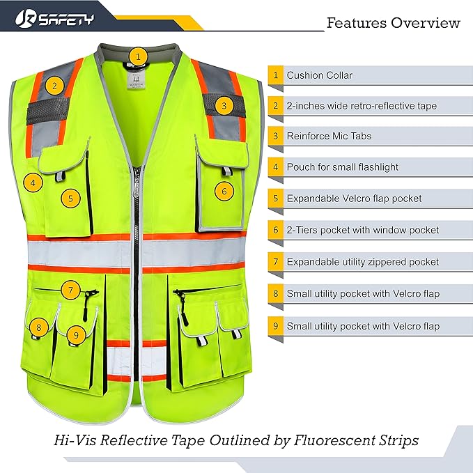 JKSafety 10 Pockets Class 2 Hi-Vis Zipper Front Safety Vest | Cushioned Collar | High Reflective Tapes with Extended Neon Orange Strips | Meets ANSI/ISEA Standards (3X-Large, 89-Yellow)