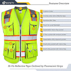 JKSafety 10 Pockets Class 2 Hi-Vis Zipper Front Yellow Safety Vest | Cushioned Collar | High Reflective Tapes with Extended Neon Orange Strips | Meets ANSI/ISEA Standards (Medium, 89-Yellow)
