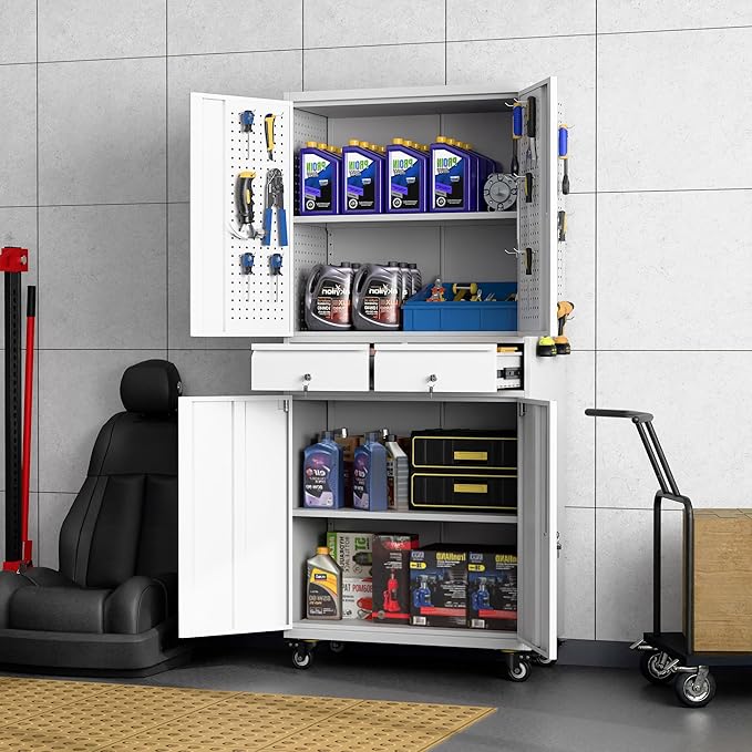 71" H Metal Garage Storage Cabinet with Wheels and Doors,Rolling Tool Cabinet with Pegboard and 2 Lockable Drawer for Garage Warehouse Home,Required Assembly,Grey and White