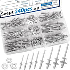 240pcs Steel Rivets with Washers 7-Sizes 304 Stainless Steel Pop Rivets Assortment Kit 1/8",5/32",3/16" for Metal,Furniture,Automotive,Instruments