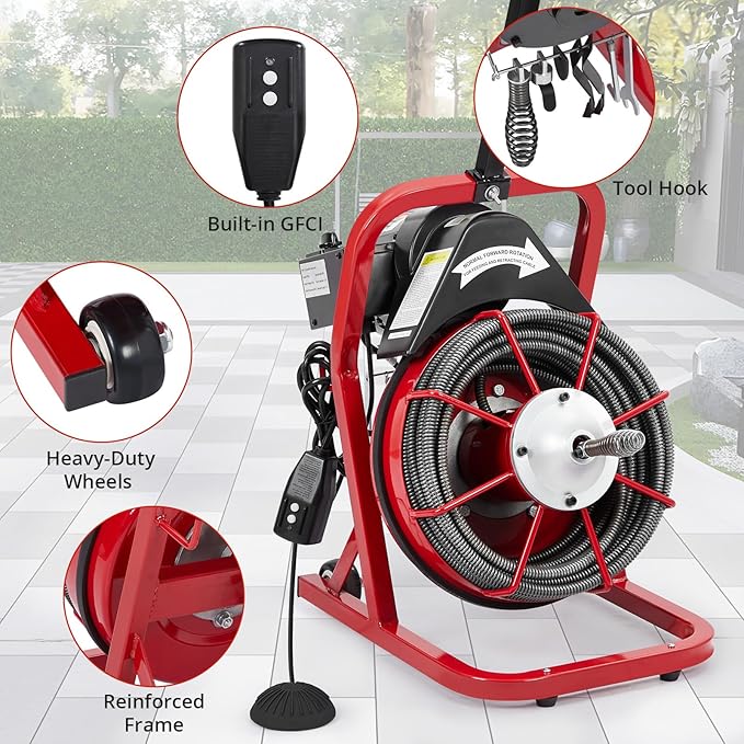 75Ft 1/2 Inch Electric Drain Cleaner Machine Auto Feed Drain Auger for 1 to 4 Inch Pipes Professional Sewer Snake with 4 Cutters Gloves Heavy Duty Clog Remover