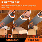 JORGENSEN 20 Inch Black Coated Pro Hand Saw, 11 TPI Fine-Cut Ergonomic Non-Slip Aluminum Ultrasonic Welding Handle for Sawing, Trimming, Gardening, Woodworking, Drywall, Plastic Pipes