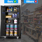 Garage Storage Cabinet with Wheels & Pegboard, 72" H Locking Metal Storage Cabinet with Doors and 4 Adjustable Shelves for Garage Workshop Home, Assembly Required, Black